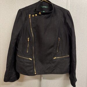 Lauren Ralph Lauren Black Moto Jacket Gold Zippers Asymmetrical Size 16